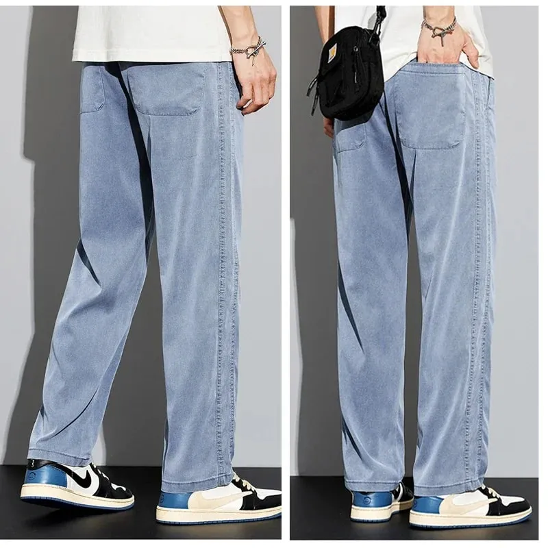 S-5XL 6Style Men's Loose Jeans Summer Soft Lyocell Thin Fabric Straight Pants Drawstring Elastic Waist Korea Casual Trousers Y2K