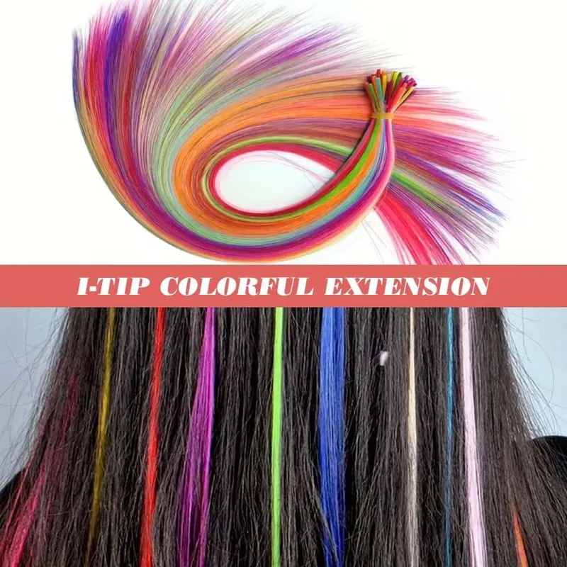 30pcs Colored Hair Extension 16-Inch I-Tip Synthetic Extensions. This long-style kit for women includes beads and a crochet tool — image 3