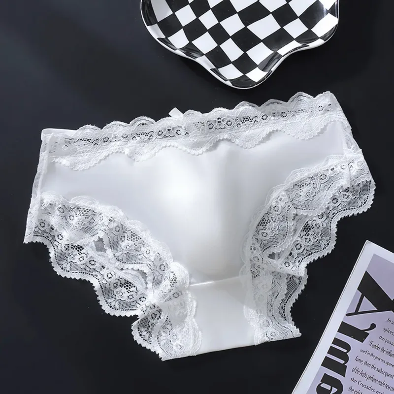 Men Triangle Panties Lace Trim Butterfly Knot Flower Pattern Thin Super Comfortable U Bulge Pouch Breathable Transparent Underwe