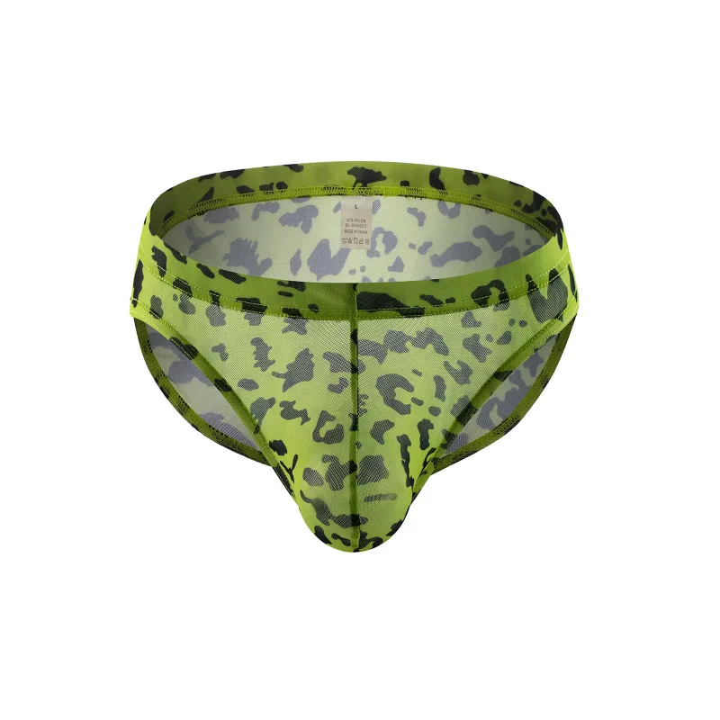 Men Sexy Briefs Underwear Mesh Sheer Ultra-Thin Underpants Big Penis Pouch See Through Panties Leopard Bikini