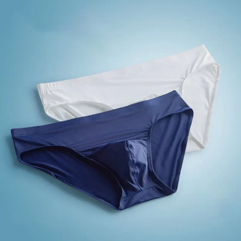 2pcs Big Pouch Nylon Men Underwear Briefs Ice Silk Male Seamless Underpants Low-Waist Thin Panties Plus Size