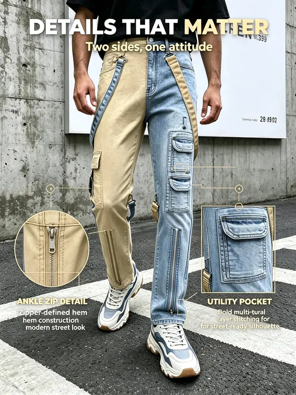 Y2K Jeans for Men Techwear Retro Cargo Pants Flared Bootcut Jeans Contrast Color Splicing Strap Streetwear Denim Trousers — image 5