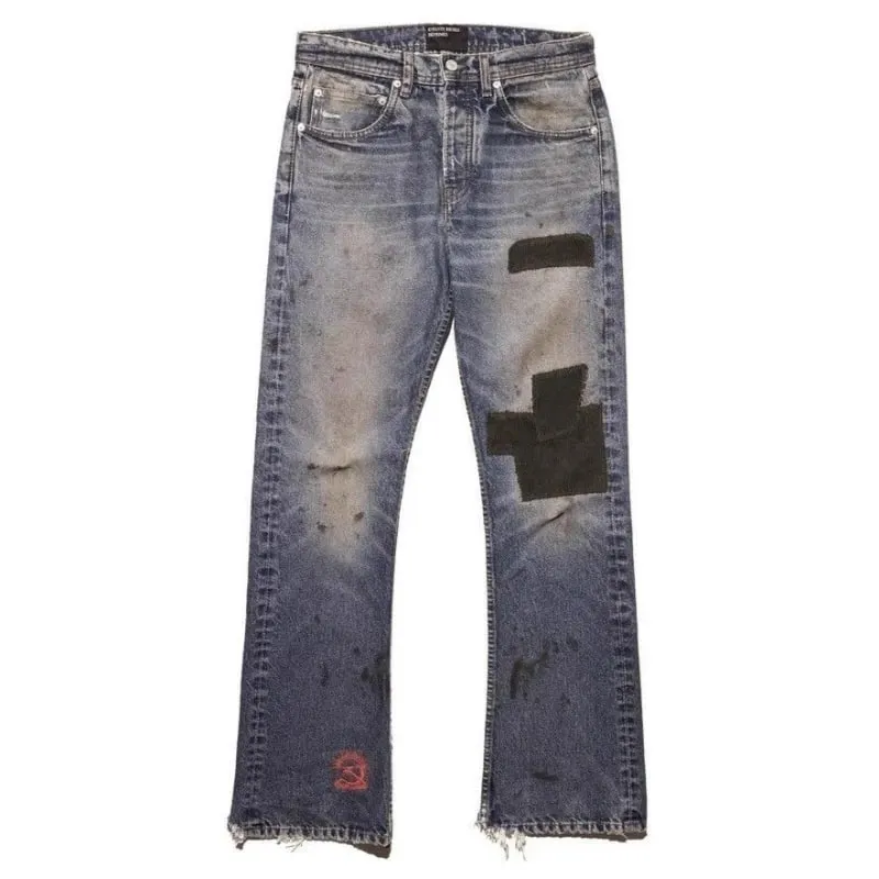 Férfi kiszélesedő farmernadrág Harajuku Vintage mosott farmer nadrág Distressed Patchwork kordbársony karcsúsított alkalmi utcai ruházat uniszex új tavaszi — image 3