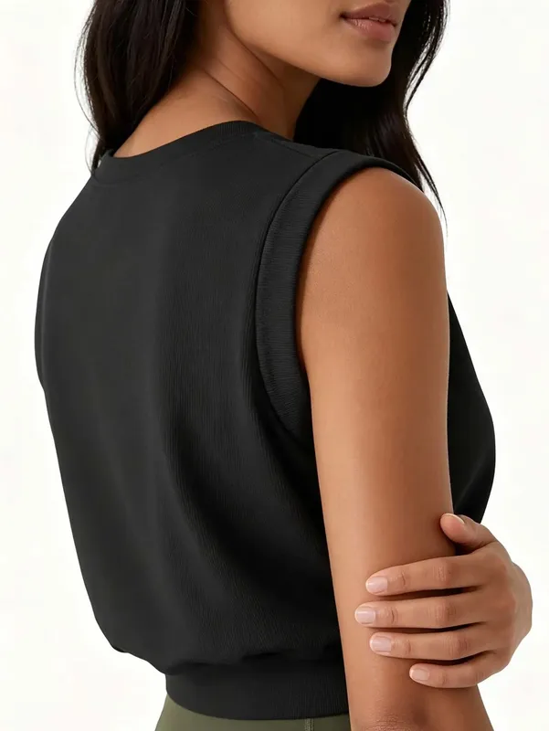Lady's ribbed round-neck sleeveless fitted crop top solid color loose-fitting sports top casual fitness running yoga top