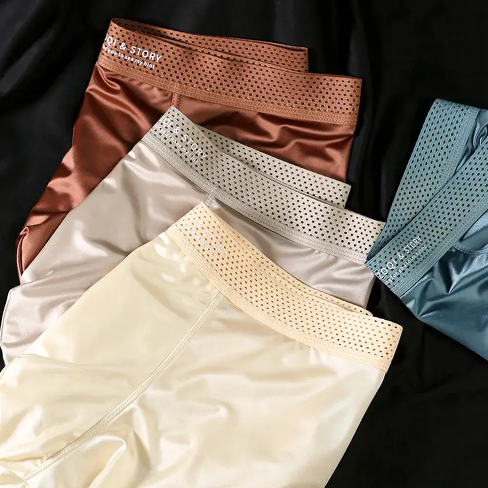1pc Mga Lalaking Satin-like Ice Silk Boxer Makinis na Panty Hollow Out Waistband Panloob na Nakahinga Solid na Kulay na Kasuotang Panloob Trunk