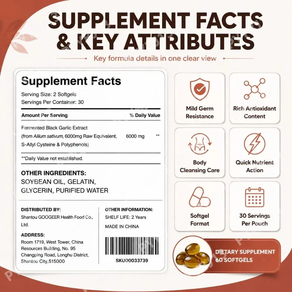 Googeer Fermented Black Garlic Extract Softgels with S-Allyl Cysteine and Polyphenols for Daily Wellness Support 60 Softgels