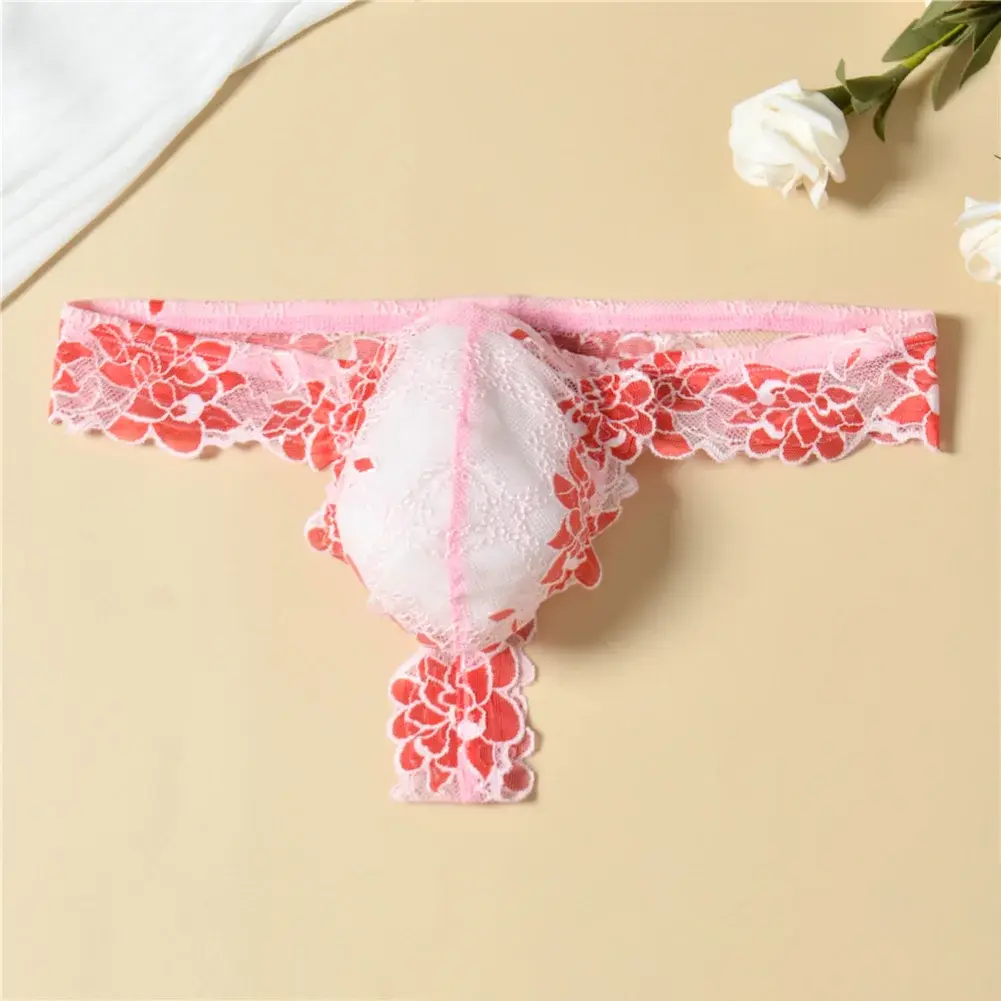 Men Floral Lace Thong Low Rise Elastic Waist G‑String Breathable See‑Through Floral Print Male Underwear Sexy Lingerie Panties
