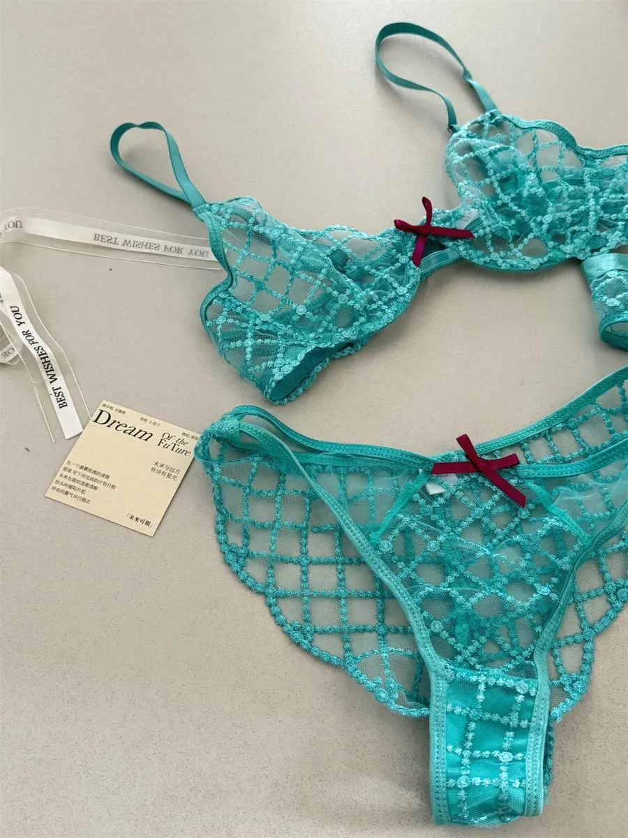 Mermaid blue three-piece lingerie set of thin large breast underwear sexy lace bra breathable romantic bras with underpants suit — image 6