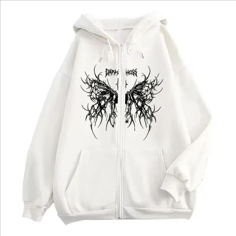 Men Gothic Dark Angel Zipper Hoodie Women Vintage Fashion Streetwear Y2K Hip Hop Long Sleeve Fleece Sweatshirts Jacket Coat — image 3