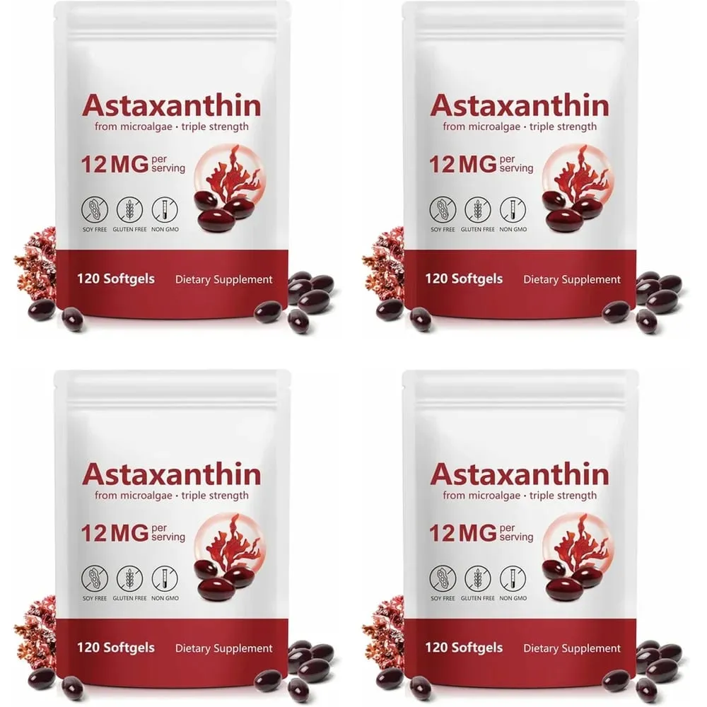 Astaxanthin 12mg Softgels תמיכה בנוגדי חמצון בעוצמה משולשת לעור מפרקי עיניים ובריאות החיסונית - אספקה ​​של 120 ספירות למשך 4 חודשים