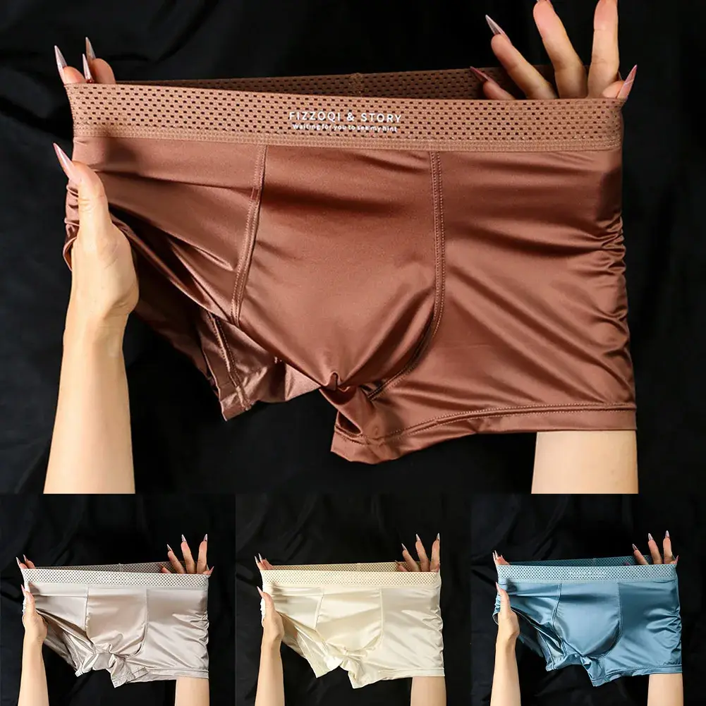 1pc Mga Lalaking Satin-like Ice Silk Boxer Makinis na Panty Hollow Out Waistband Panloob na Nakahinga Solid na Kulay na Kasuotang Panloob Trunk