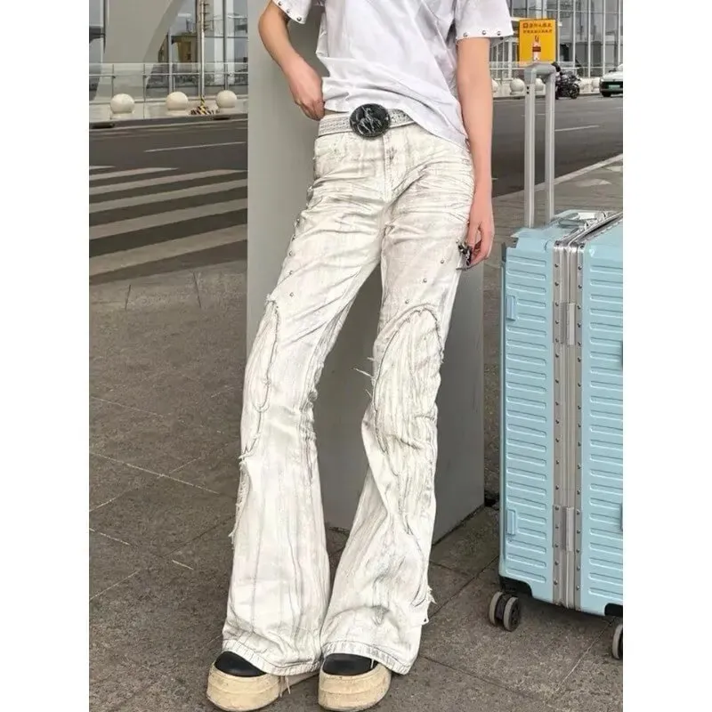 Női Amerikai Retro Y2K Flare Farmer Fehér Mosott Patchwork Y2K Vintage Hrajuku Punk Magas derekú Karcsú utcai viselet Farmer nadrág — image 8