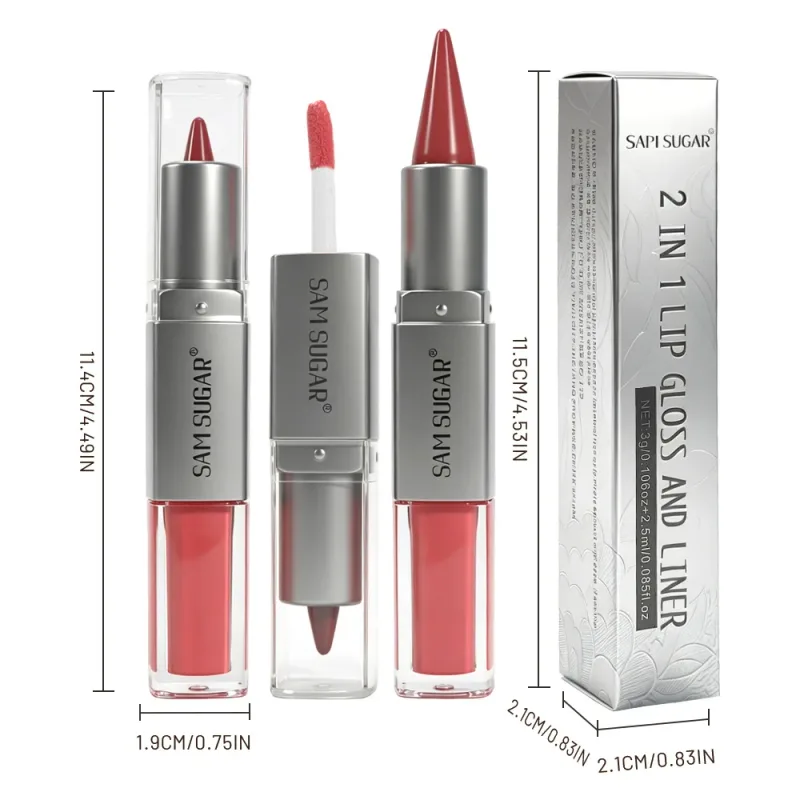 2 in 1 Lip Liner & Lip Gloss Dual Ended Hydrating Non Stick Lipstick Matte Velvet Outline Crayon with Shiny Plumping Lip Glaze