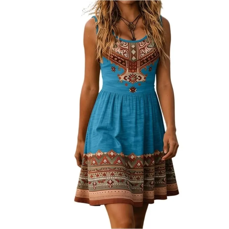 Dresses for Women Floral Print Waist Sleeveless Dress Wide Strap Smocked Short Bohemian Dress — image 10
