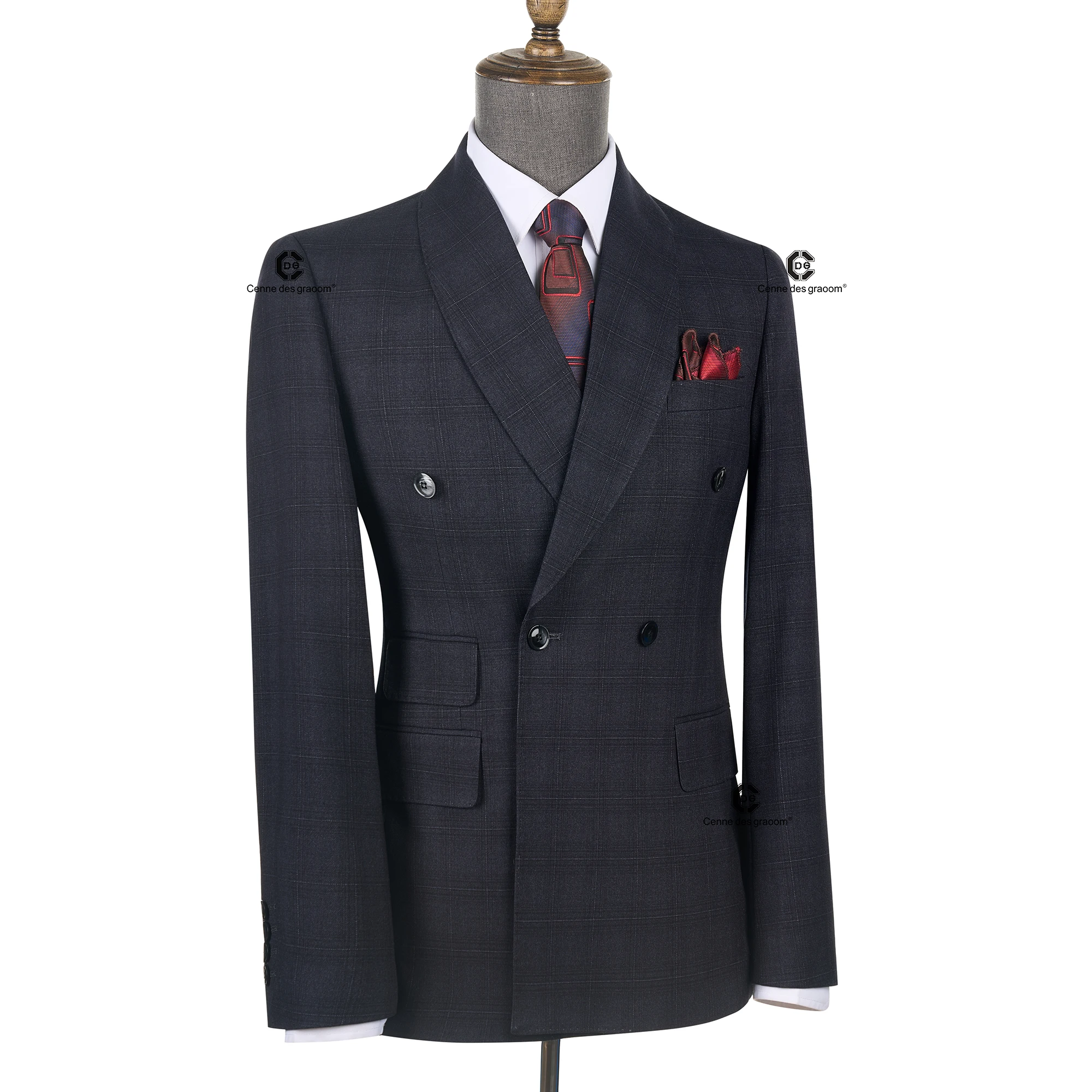 Cenne Des Graoom 2026 Dark Grey Plaid Double Breasted Men Suits With Shawl Collar Tailor-Made For Meeting Office Wear Wedding