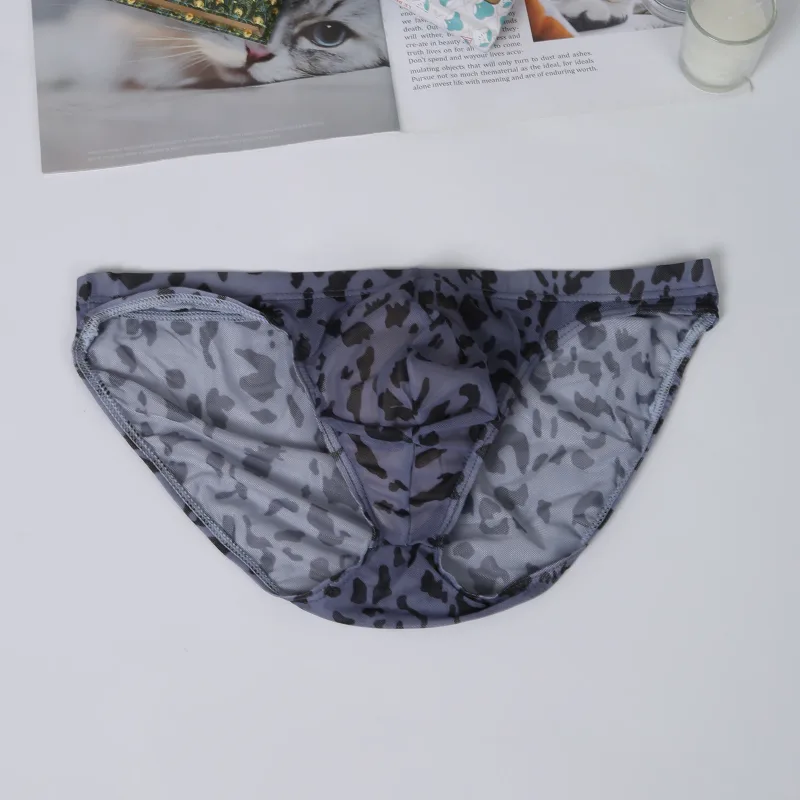 Men Sexy Briefs Underwear Mesh Sheer Ultra-Thin Underpants Big Penis Pouch See Through Panties Leopard Bikini
