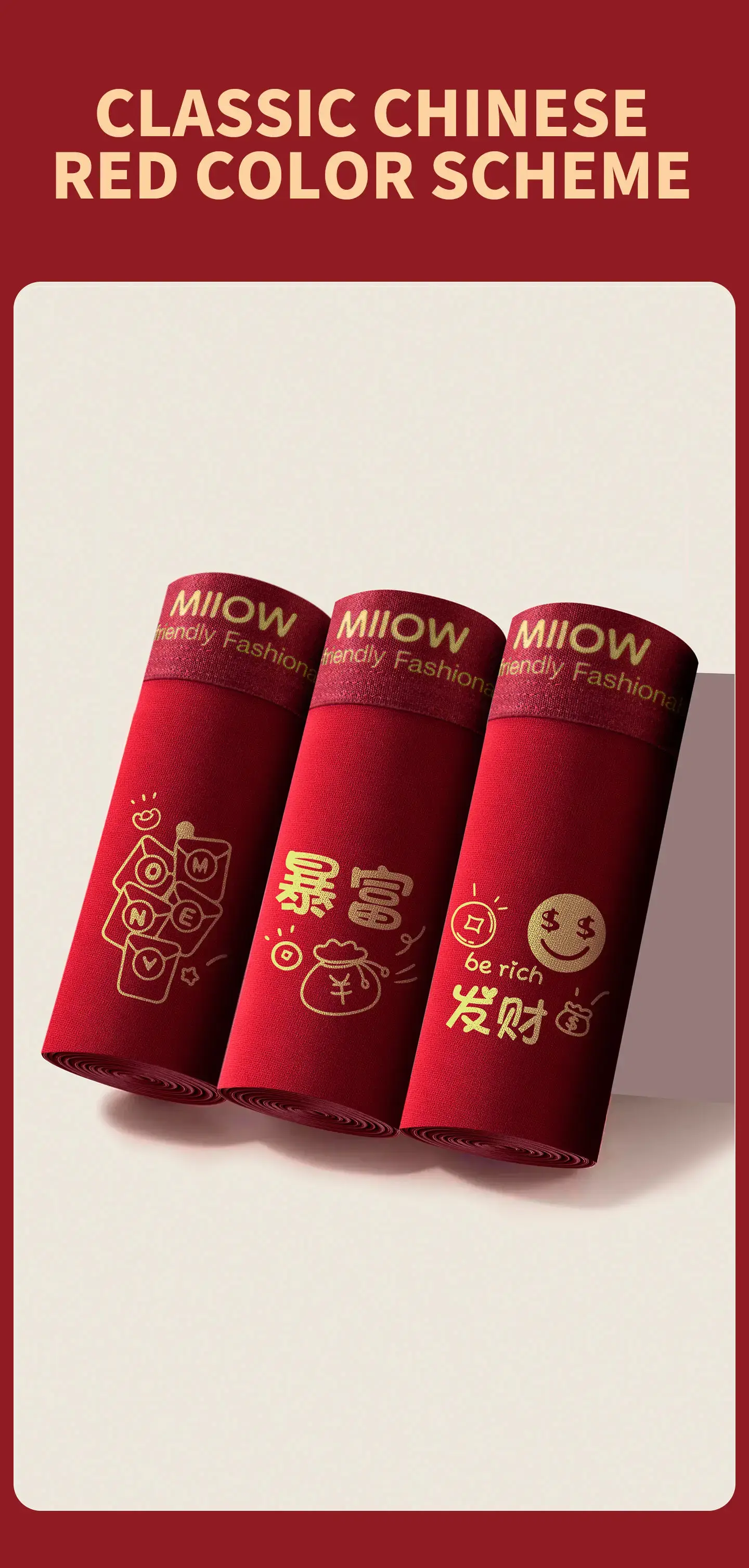 MiiOW 3Pcs Cotton Men Underwear 10A Antibacterial Crotch Men's Panties Breathable Skin-friendly Man Boxers Lucky Red Underpants