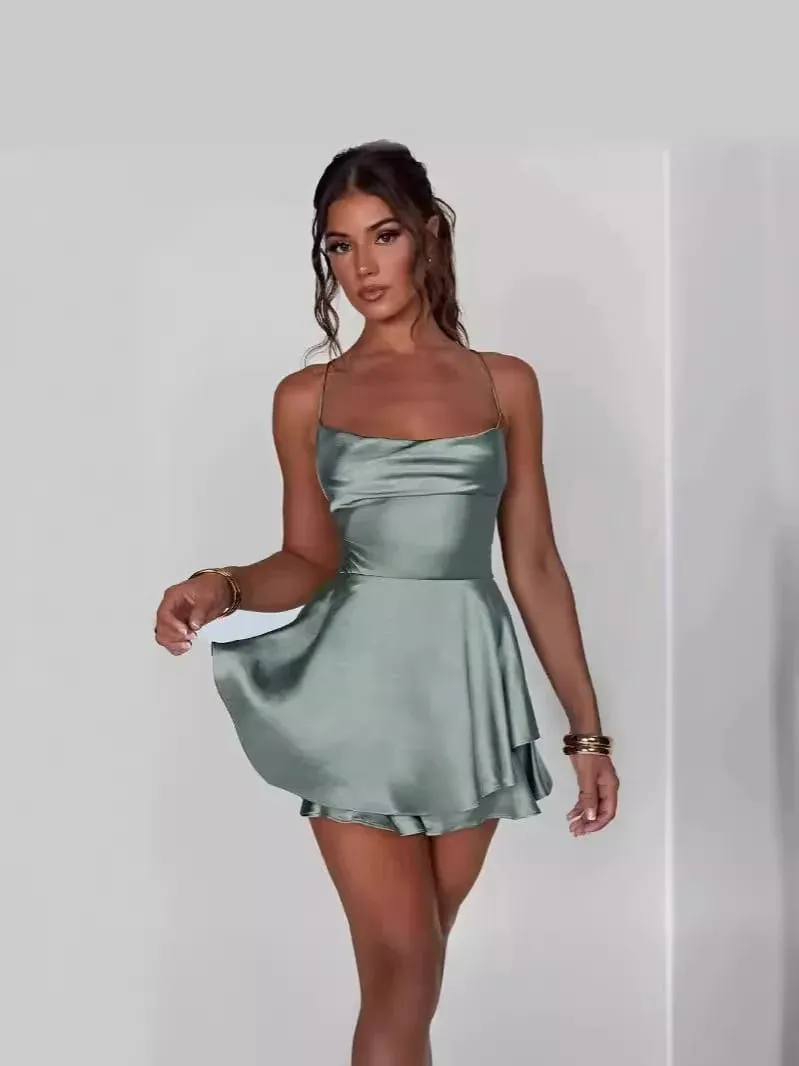 2024 קיץ חדש סקסי Slim Fit ו-Slim Off גב שמלה ומכנסיים תלויים בצבע אחיד