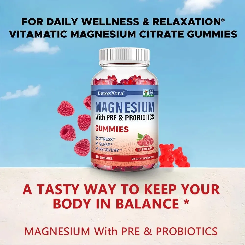 Magnesium Citrate Supplement Gummies with Prebiotics & Probiotics for Stress Sleep & Recovery - Vegan Gluten Free Non-GMO