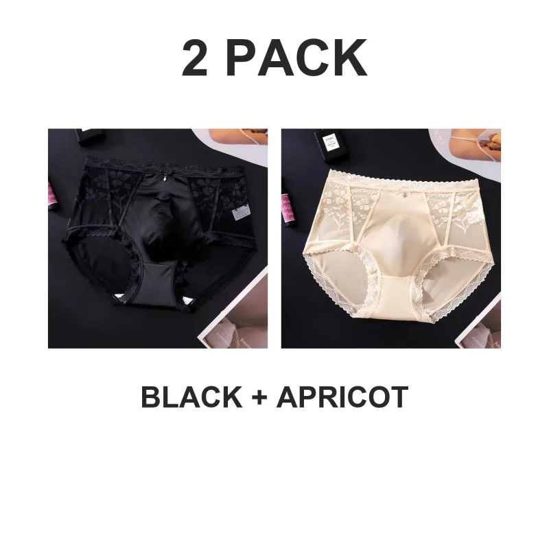 2 Pack Mens Mid Rise Satin Lace Briefs 3D Pouch Rhinestone Bow High Elastic Scalloped Trim Smooth