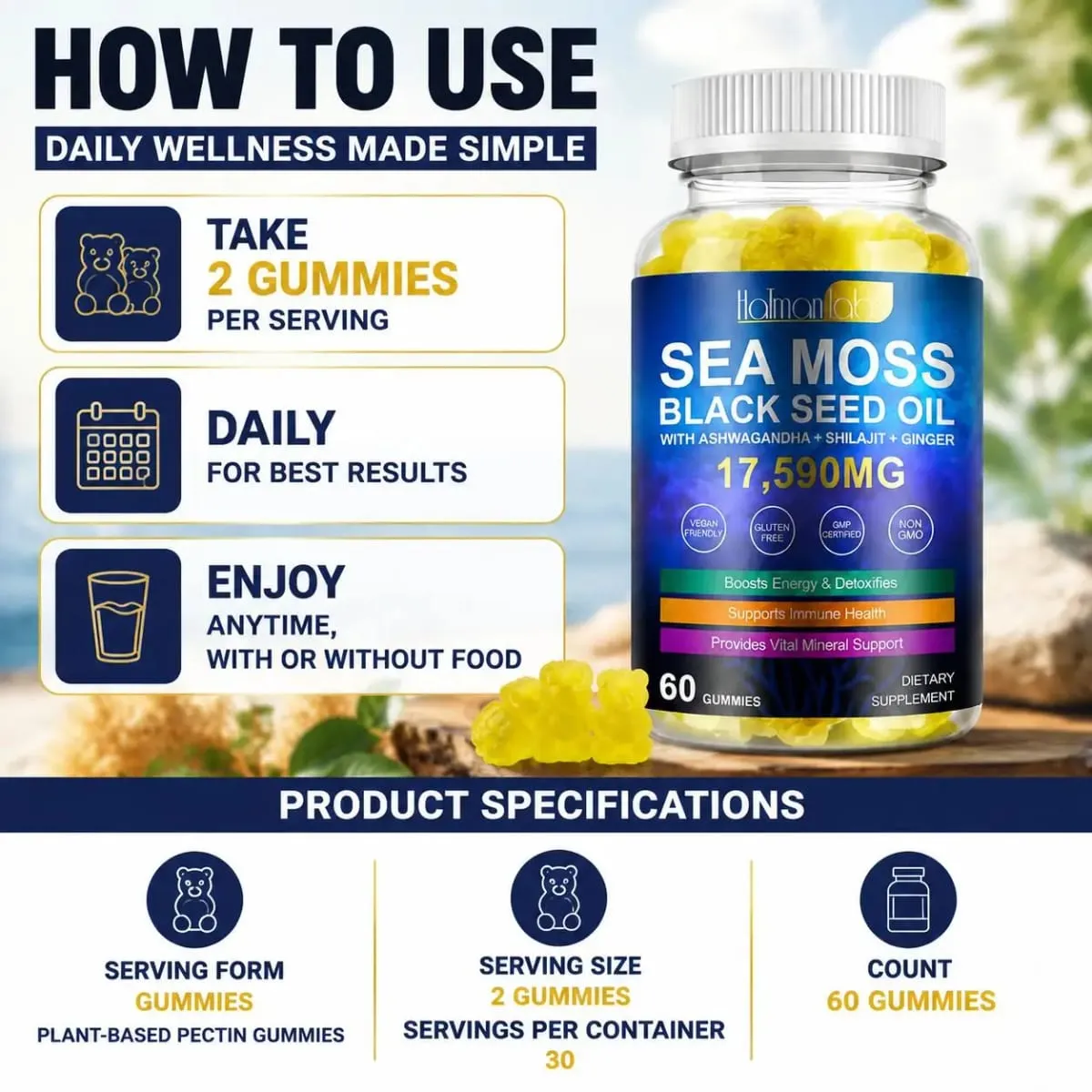 HalmanLabs Sea Moss Black Seed Oil Gummies with Vitamin C and Vitamin D for Immune Health and Vital Mineral Support 60 Gummies