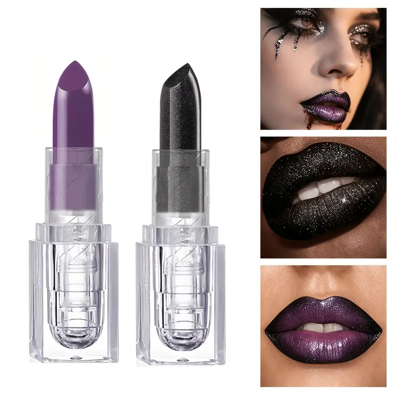 Clear Square Case Glitter Black Matte Purple Lipstick Halloween Cosplay Stage Creative Dark Lip Makeup