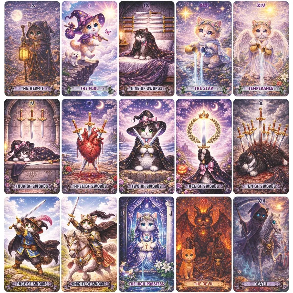 Magic Cat Tarot 78 Cards 13x8 cm Ιδανικό για αρχάριους Χάρτινο εγχειρίδιο Έκφραση συναισθημάτων Λεπτές μαγικές λεπτομέρειες Παιχνίδια με κάρτες