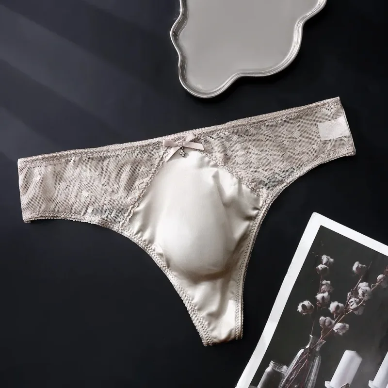 Men's Thong Underwear Made of 81.7% Polyester 18.3% Spandex Ice Silk Blend with Lace Trim and 3D Bulge Pouch Solid G String