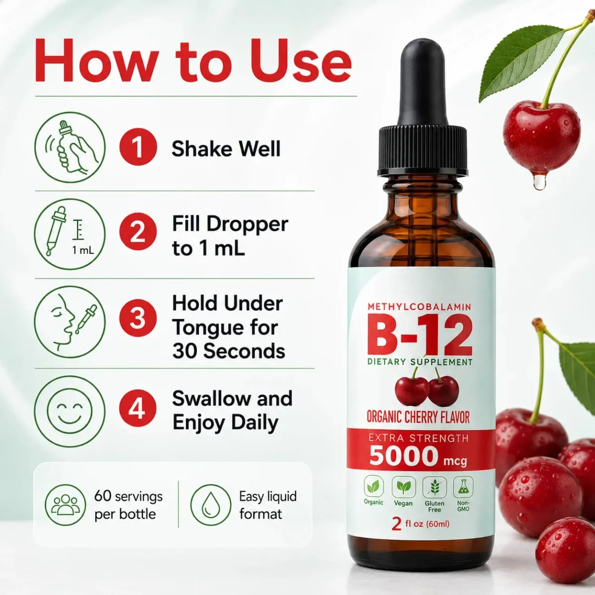 Vitamin B12 Drops 5000mcg Methylcobalamin Liquid Sublingual Supplement Cherry Flavor Vegan Sugar Free Daily Nutrition 60ml