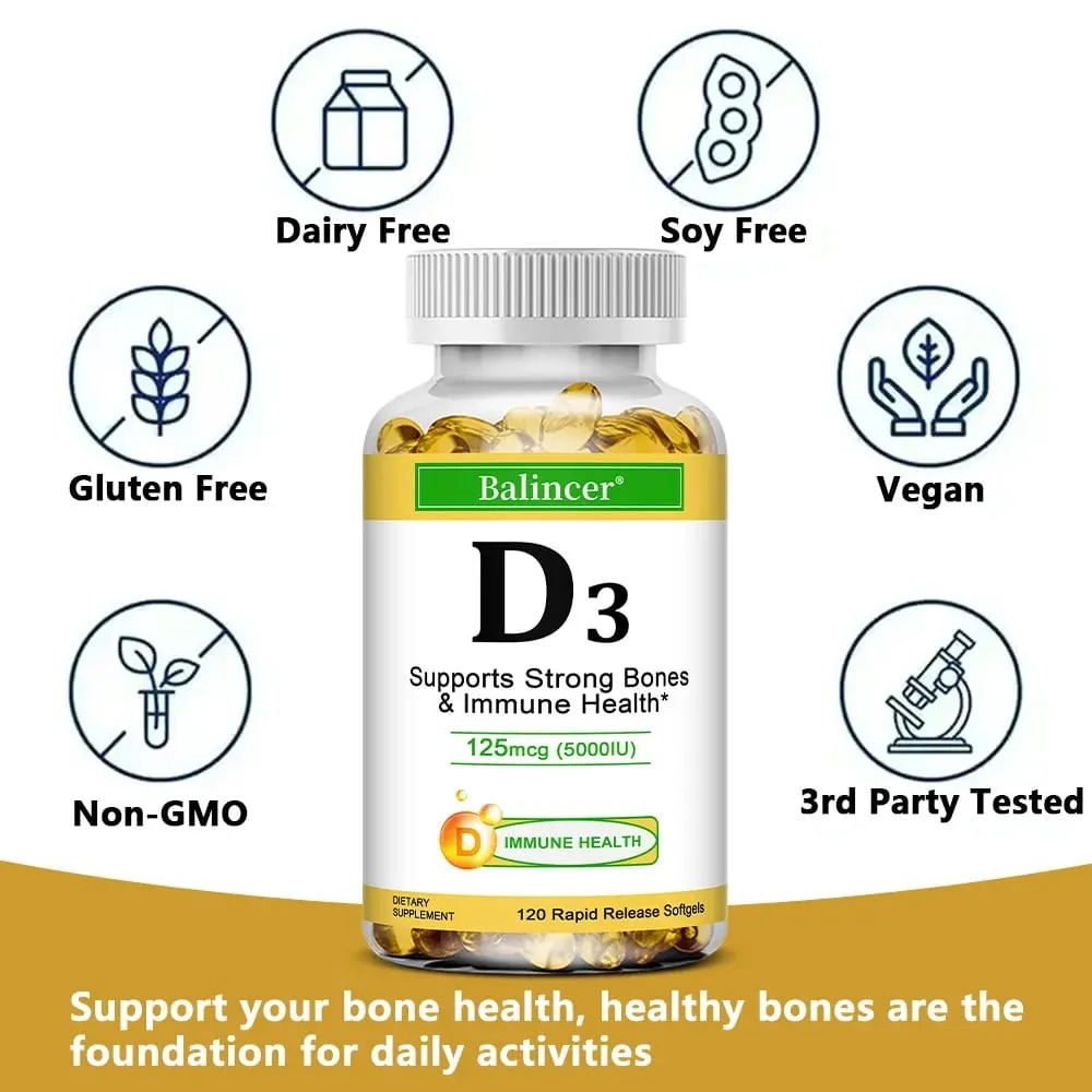 Balincer Vitamin D3 5000 IU (125 Mcg) Dietary Supplement for Bone Teeth Muscle and Immune Health Support 30/60/120 Softgels
