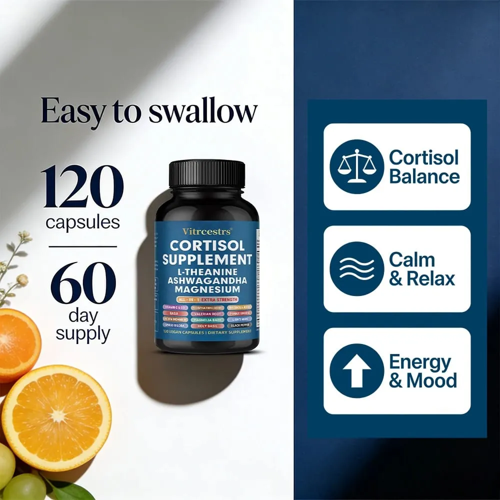 Cortisol Support Supplement - Magnesium Supports Stress Relief Calm Mood Relaxation Restful Sleep Focus & Adrenal Health