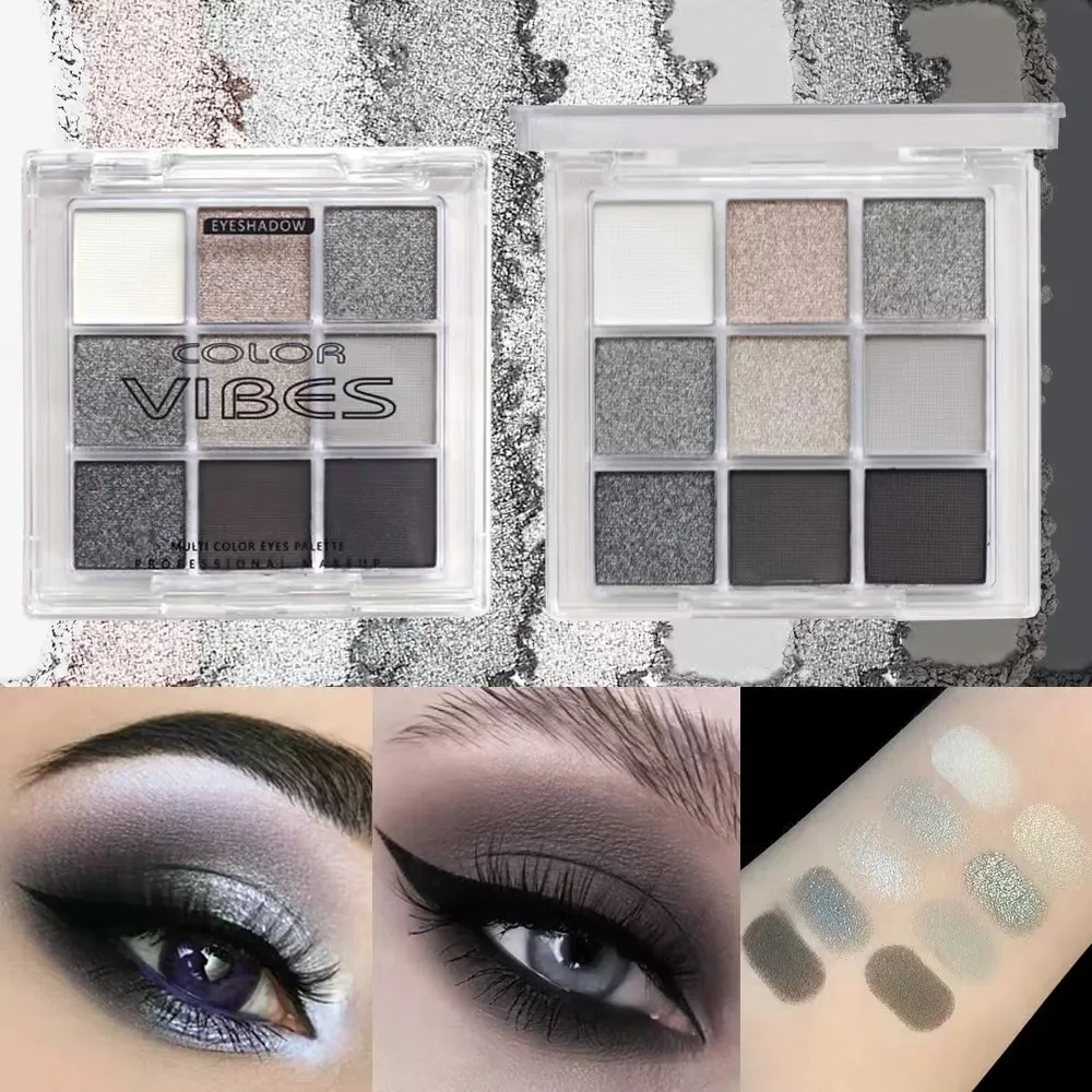 9 χρωμάτων Smoky Black Grey Palette Eyeshadow Matte Shimmer Cool Silver Grey Eye Palette Makeup High Pigment for Punk Party Stage