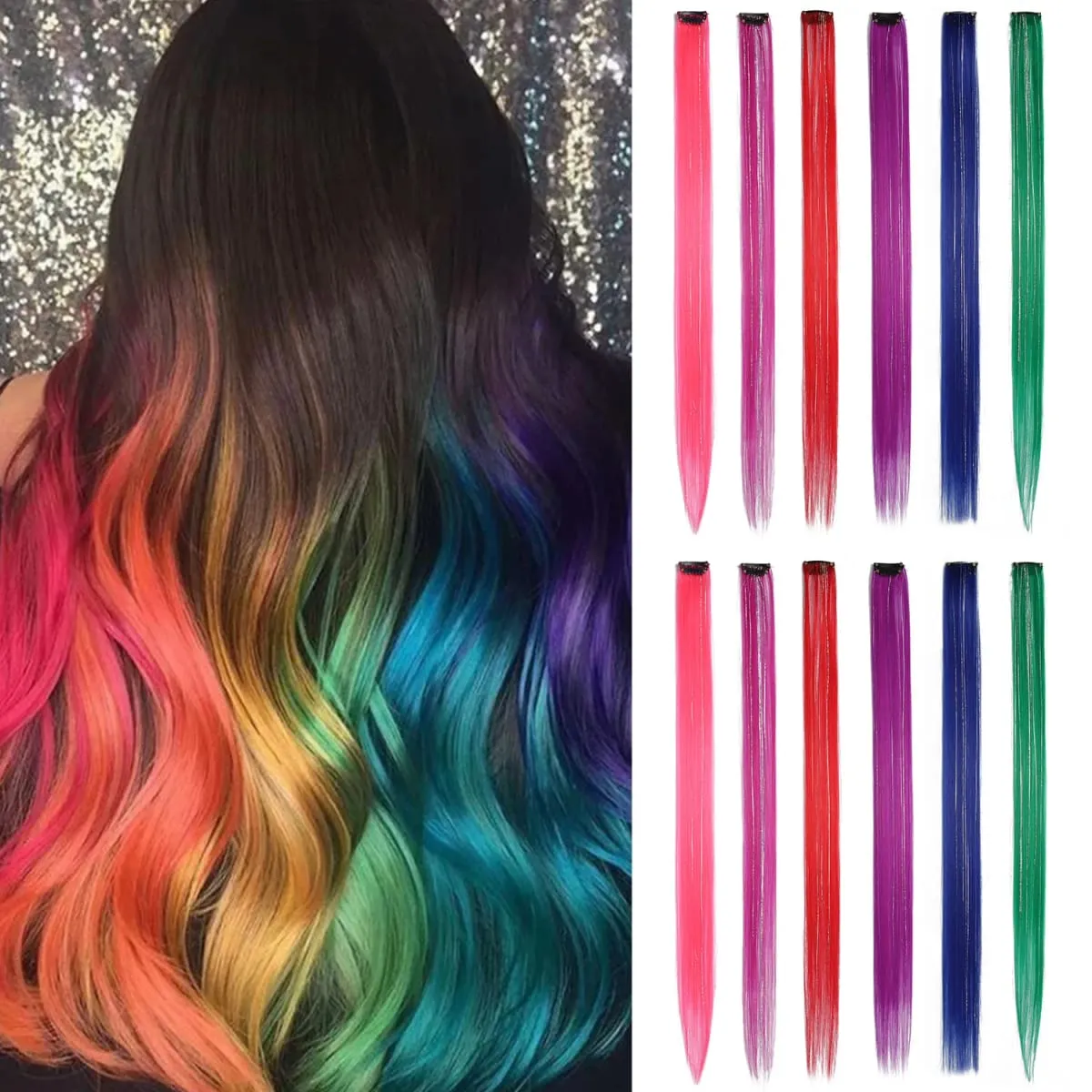Multicolor Clip in Hair Extensions Mix talmi Színes hajhosszabbítás 2 az 1-ben szivárványos haj ezüst talmákkal gyerekeknek, lányoknak
