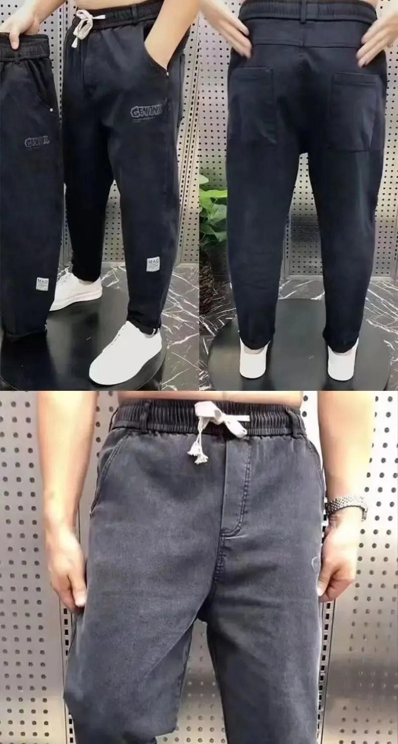 Harajuku Stretch Korea Streetwear רופף ג'ינס ג'ינס מוצק מותן אלסטי לגברים אביב קיץ חדש פלוס מידה 7XL 8XL מכנסיים מזדמנים