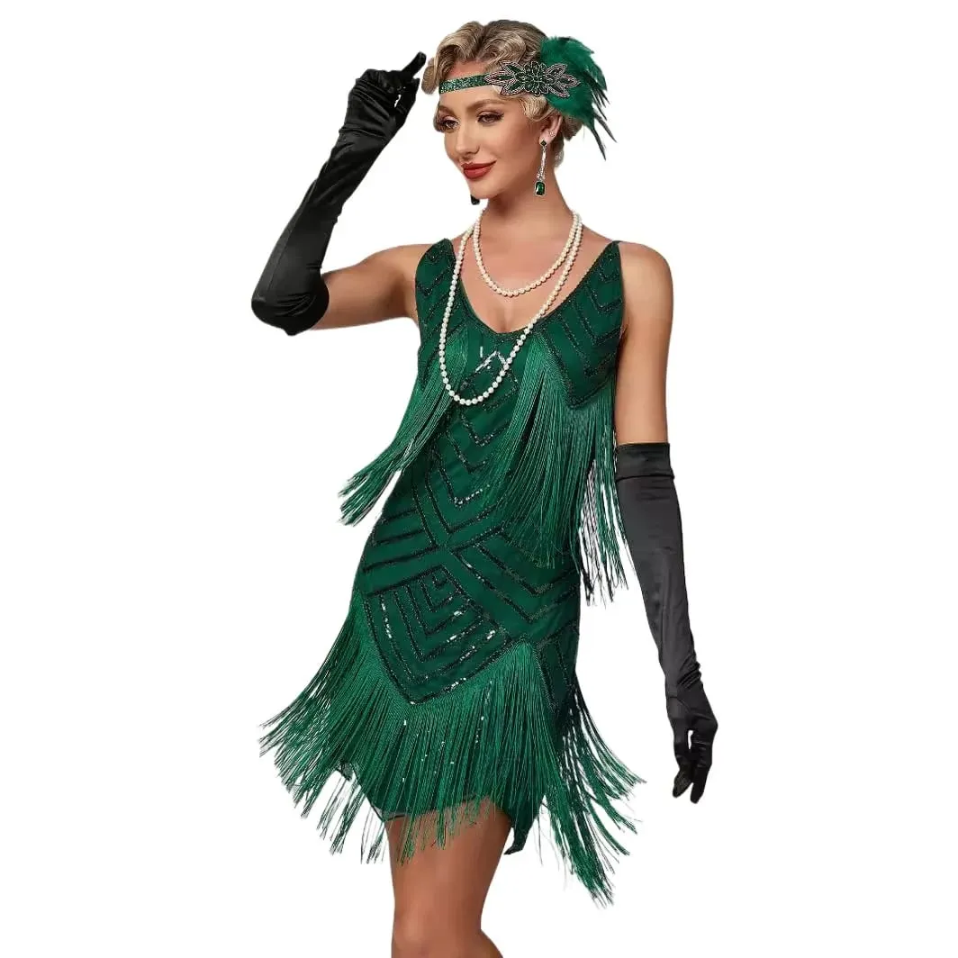 Flapper Roaring Plus Size 20s Great Lady Μίνι Κοντό Φόρεμα Gatsby με κρόσσια παγιέτα Beaded Lady Mini Tassels Φορέματα διακόσμησης — image 2