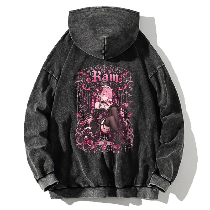 Anime Re:Zero Ram Gothic Hoodies Vintage Washed Streetwear Herr Dam Kläder Höst Långa ärmar Oversized 100 % bomull huvtopp