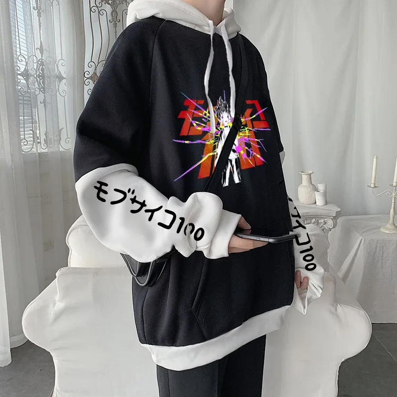 Anime Mob Psycho 100 Hoodies Harajuku Shigeo Kageyama Punk Cartoon Sweatshirts Herr Dam Höst Vinter Varm Patchwork Sweatshirt — image 3