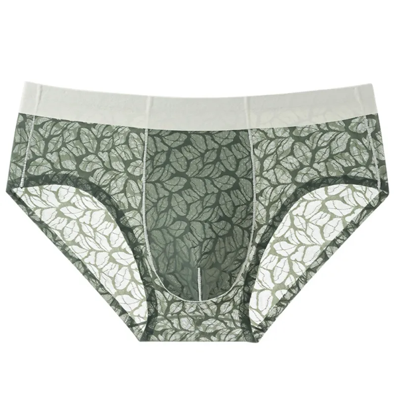 Men Ice Silk Ultra-thin Brief Underwear Seamless Lace Jacquard Breathable Pantie 3D Bulge Pouch Transparent Mesh Lingerie