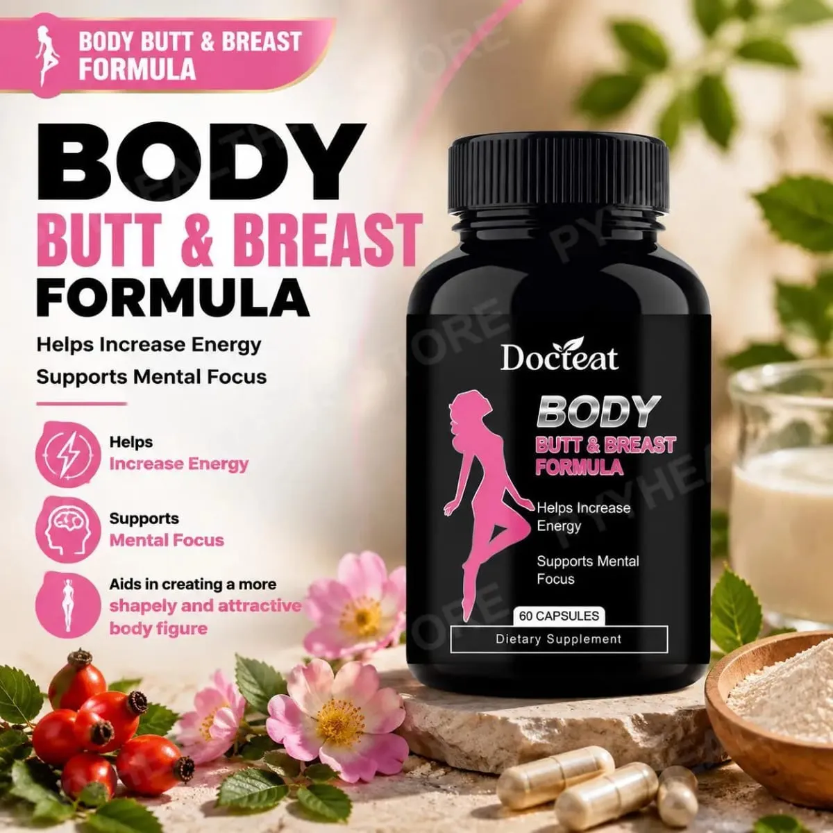A Docteat Body Butt & Breast Formula kapszula kreatin és tejsavó 60 kapszula segítségével növeli az energiát és támogatja a mentális összpontosítást