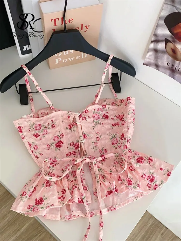 Γαλλικό κορσέ τύπωμα Beach Tank Top Γυναικείο λουράκι Ακανόνιστο λεπτό Hotsweet Camis Streetwear Vacation Bohe Sexy MINi Top — image 6