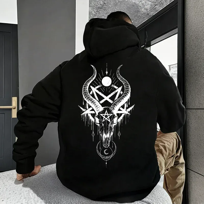 Musim Gugur Musim Sejuk Lelaki Topi Pullover Kasual 666 & Salib Terbalik Hoodies Gothic Lelaki Bercetak Seram Setan Baju Jalanan — image 17
