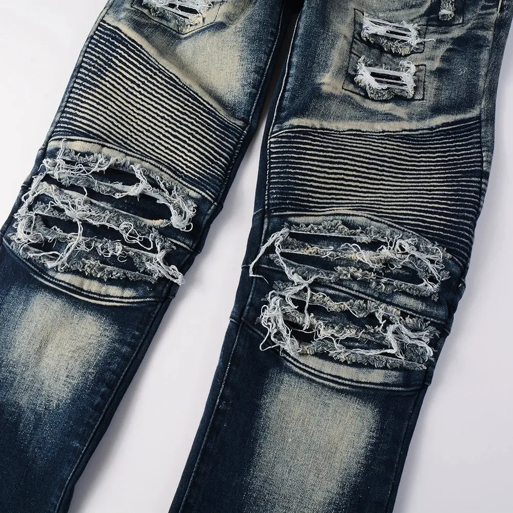 Férfi motoros farmernadrág motoros lyukakhoz Szakadt Distressed Patch Nadrág Stretch Farmer Pamut Vékony Egyenes nadrág Kiváló Minőség