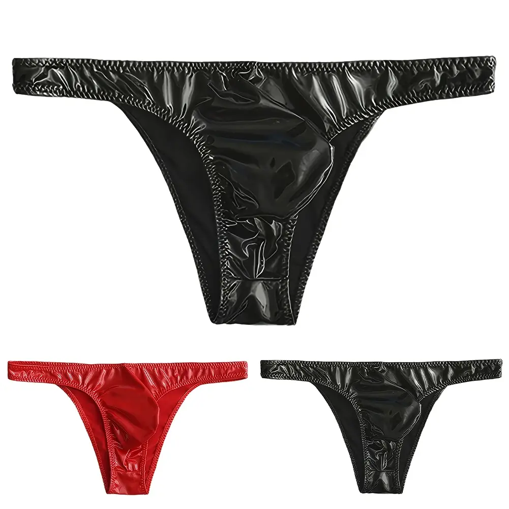 1pc Men Glossy Faux Leather Briefs Bulge Pouch Wide Waist Low Rise Underwear Erotic Lingerie Half-exposed Butt Gay Sissy Briefs — image 13