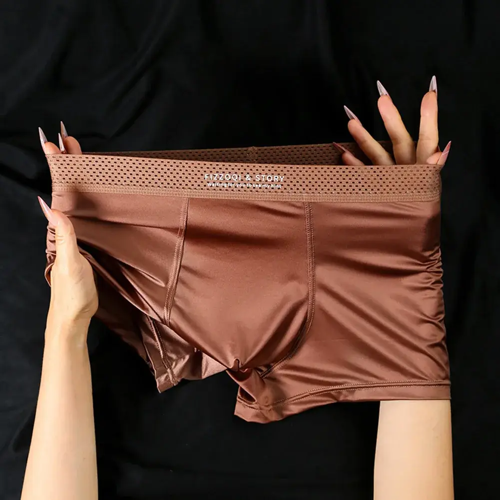 1pc Mga Lalaking Satin-like Ice Silk Boxer Makinis na Panty Hollow Out Waistband Panloob na Nakahinga Solid na Kulay na Kasuotang Panloob Trunk