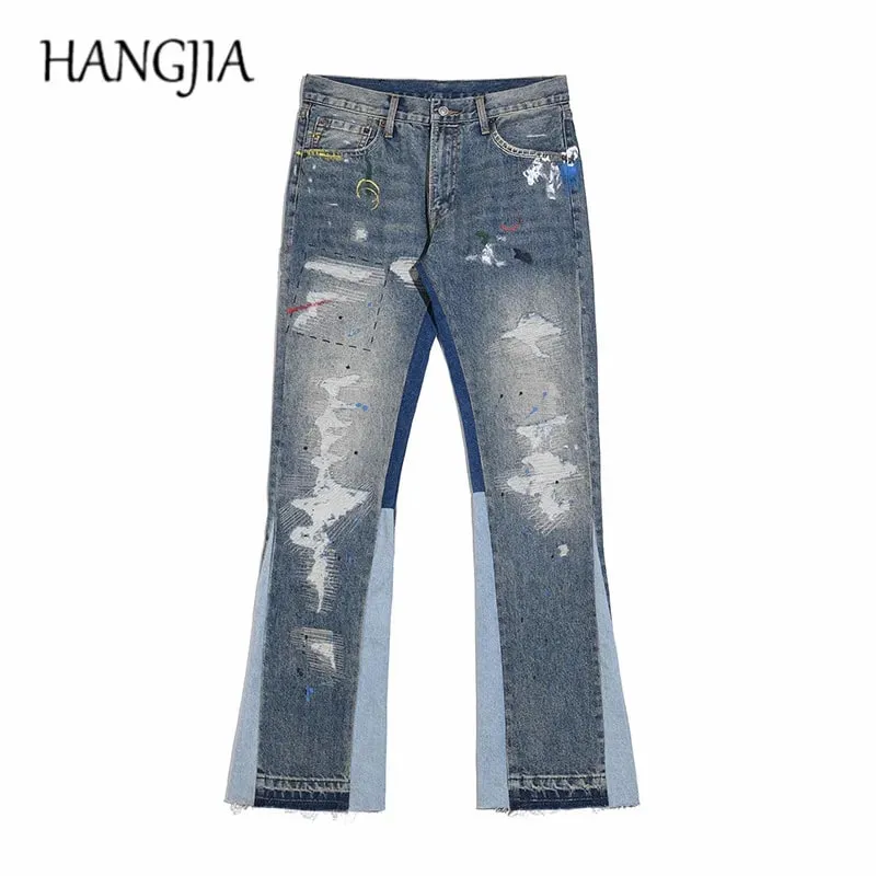 Blue Speckle Ink Washed Flared Jeans Slim Fit Hip Hop Graffiti Ripped Denim Παντελόνι Ανδρικό Streetwear Vintage Φαρδύ τζιν παντελόνι Y2k