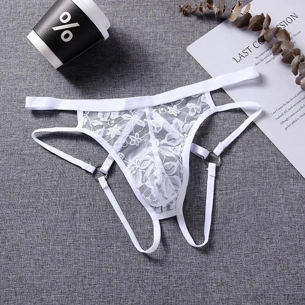 ชุดชั้นในเซ็กซี่ชาย G-Strings ชุดชั้นใน Exotic กางเกง SHEER Lace POUCH Hollow OUT Lace ดอกไม้รูปแบบเข็มขัดปรับ