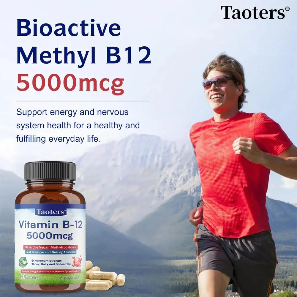 Vitamin B12 Capsules 5000 Mcg Bioactive Vegan Methylcobalamin Supports Energy Production and Nervous System Function
