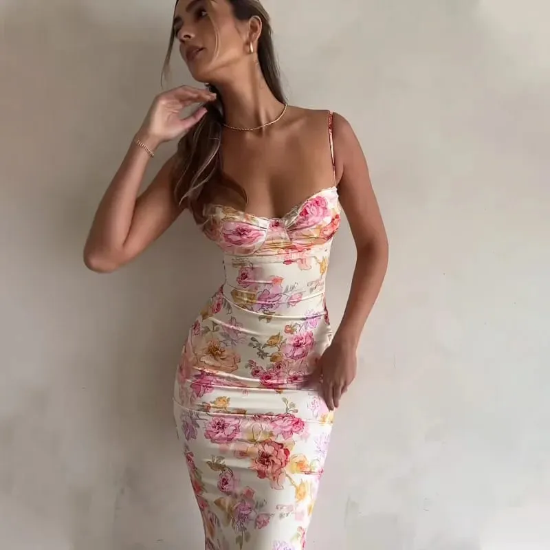 Νέα Floral Ζαρτιέρες Split Slim αμάνικο Patry Beach Φόρεμα Spaghetti Strap Γυναικεία Ρούχα Μίνι Φόρεμα 2024 Καλοκαίρι — image 6