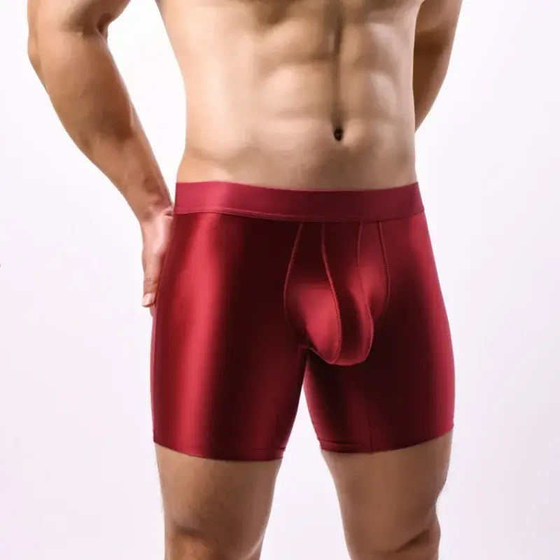 Bright Silky Smooth Underwear Men Stretch Satin Seamless Long Leg Boxer Shorts Bugle Pouch Sport Underpant Club Party Lingerie — image 9