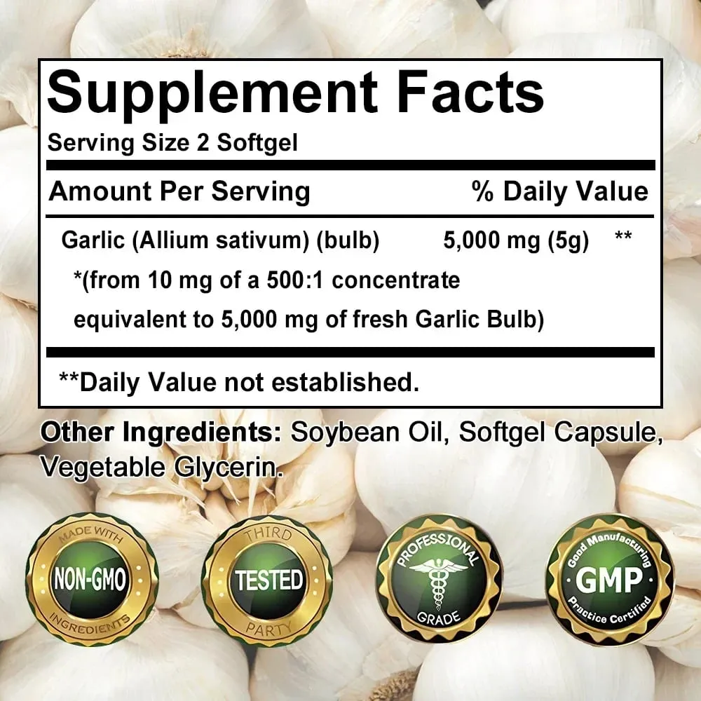 Softgels שמן שום 5000 מ"ג מחזור לב וכלי דם חיסוני לב ללא טעם ללא GMO תוסף ללא גלוטן